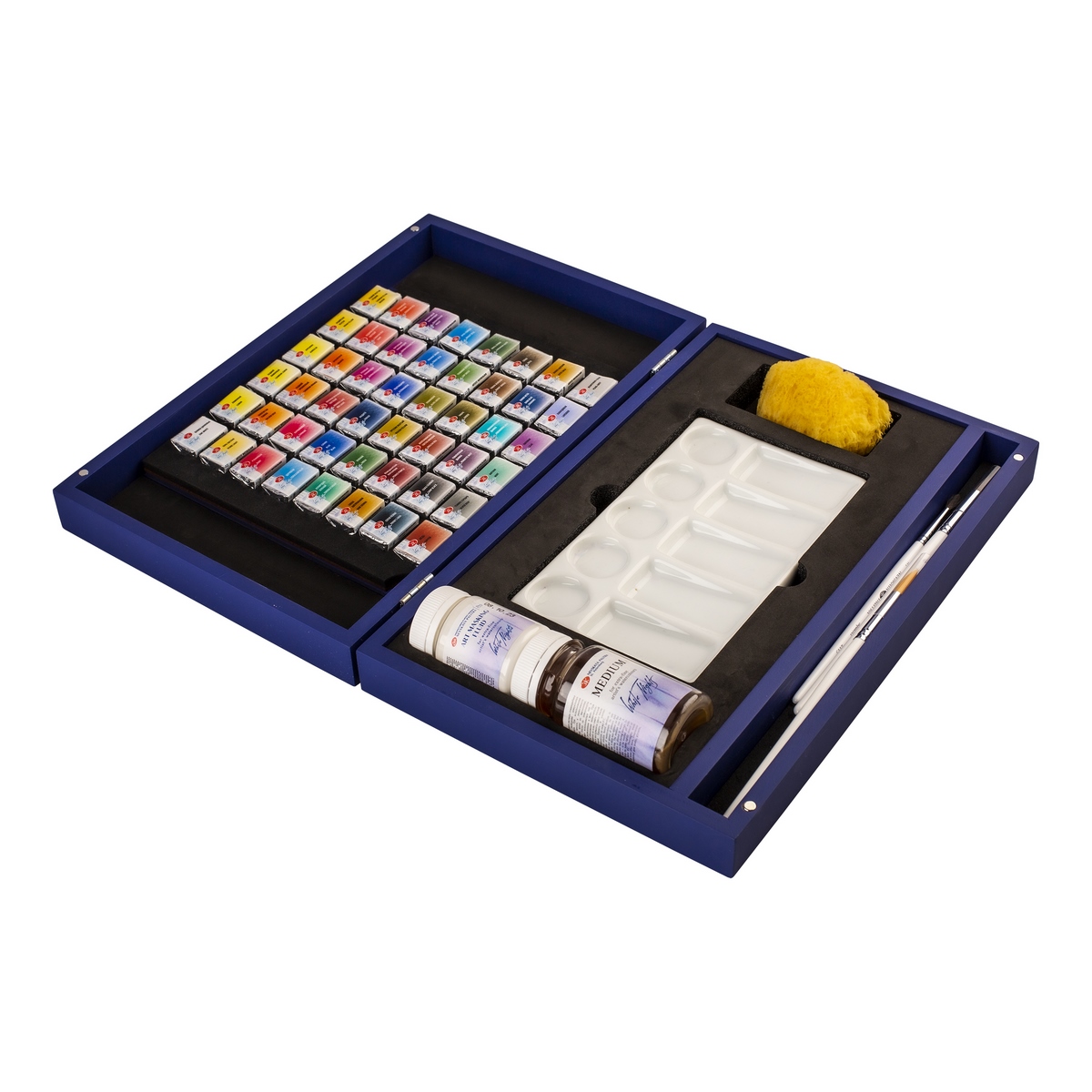 Watercolour set "White Nights" 48 pans, auxiliary materials, accessories, blue wooden box