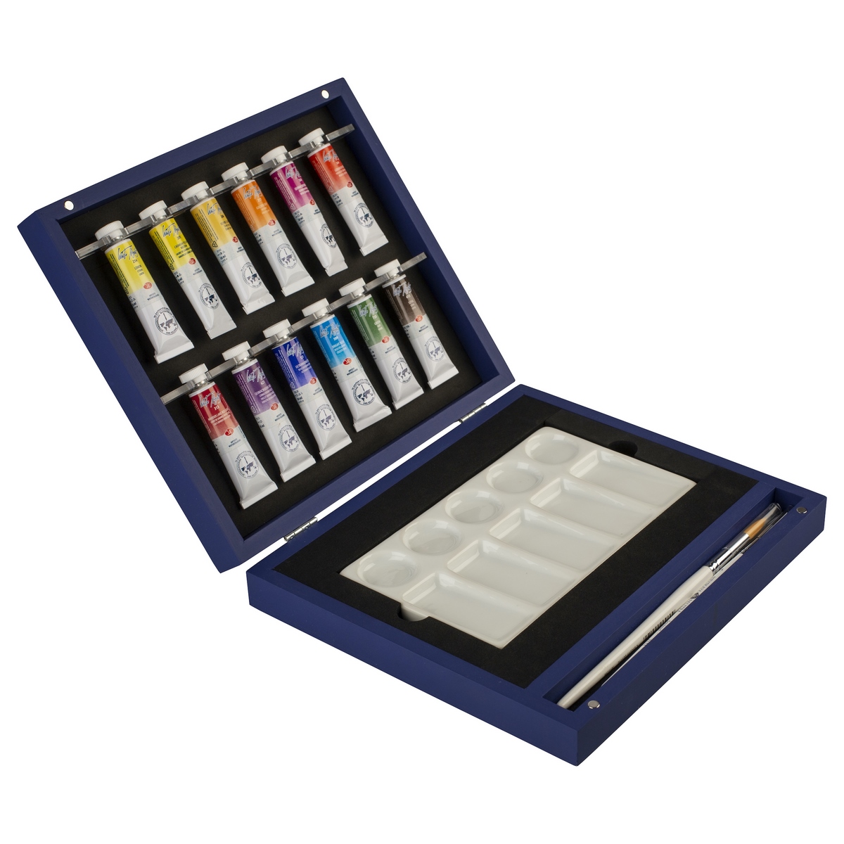 Watercolour set "White Nights", porcelain palett, brushes, blue wooden box