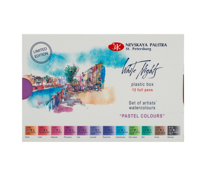 Watercolour set White Nights 12 full pans Pastel colours, plastic box